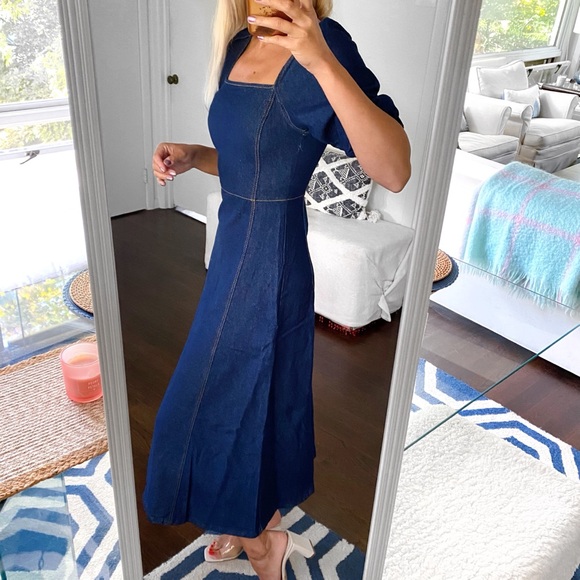 π ZARA DARK WASH DENIM PUFF SLEEVE MAXI DRESS! - Picture 3 of 16